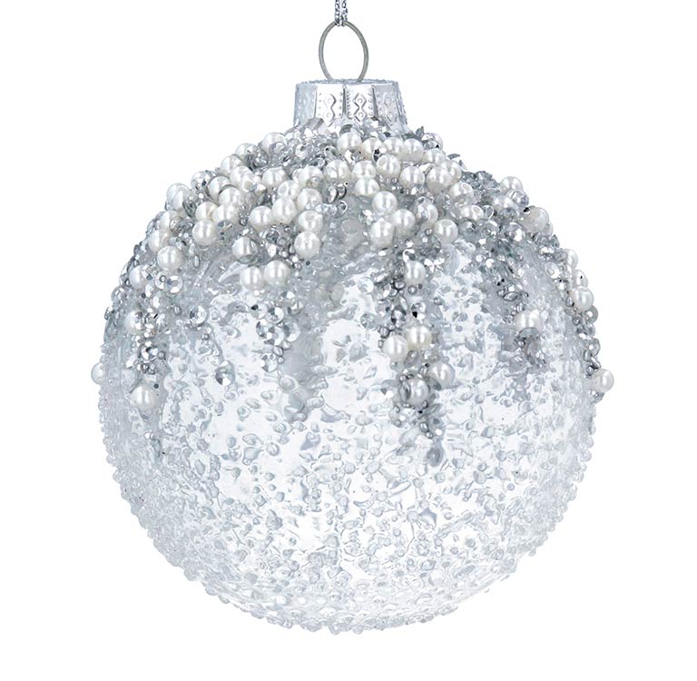 Crushed Clear Glass Ball with Silver Glitter and Pearls