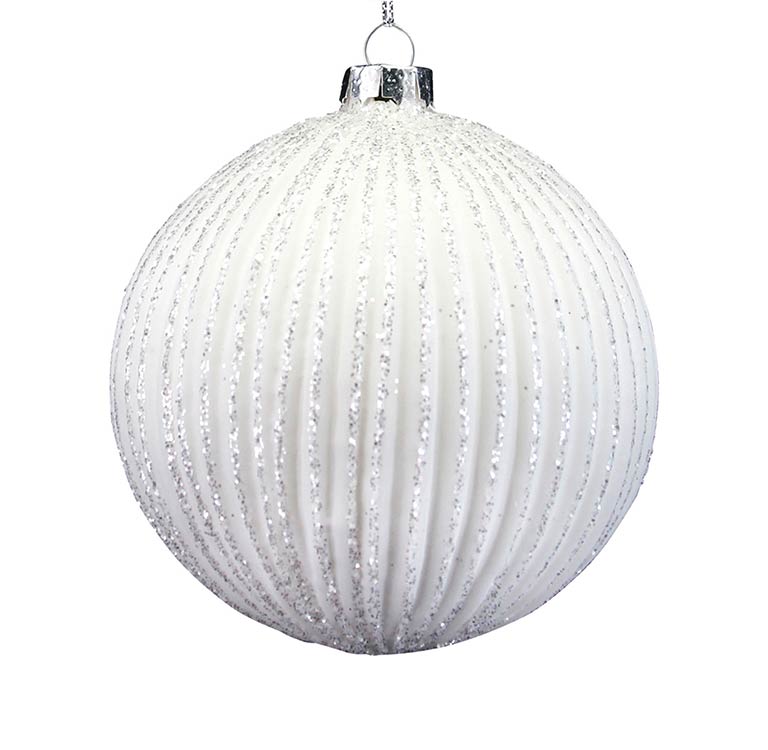 Matt White Ribbed Glass Ball with Irid Glitter