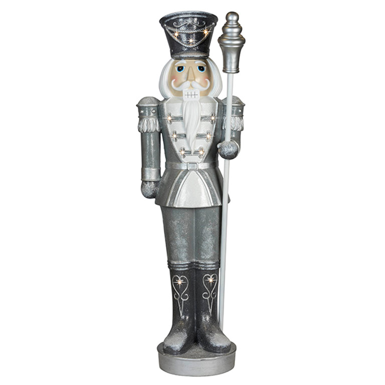 Large Silver and White Nutcracker with Heart on Boots with LED Lights