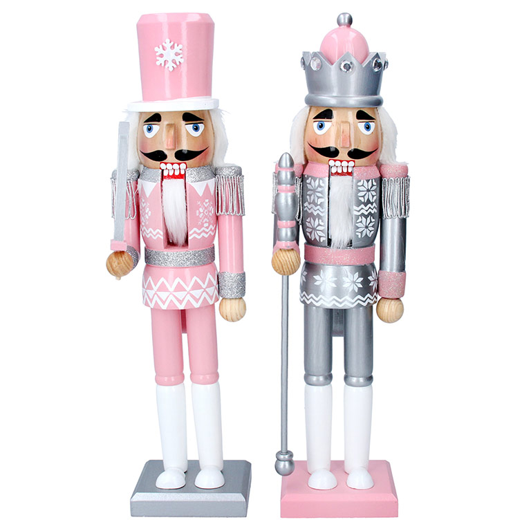 Pair silver and pink wood nutcracker soldiers